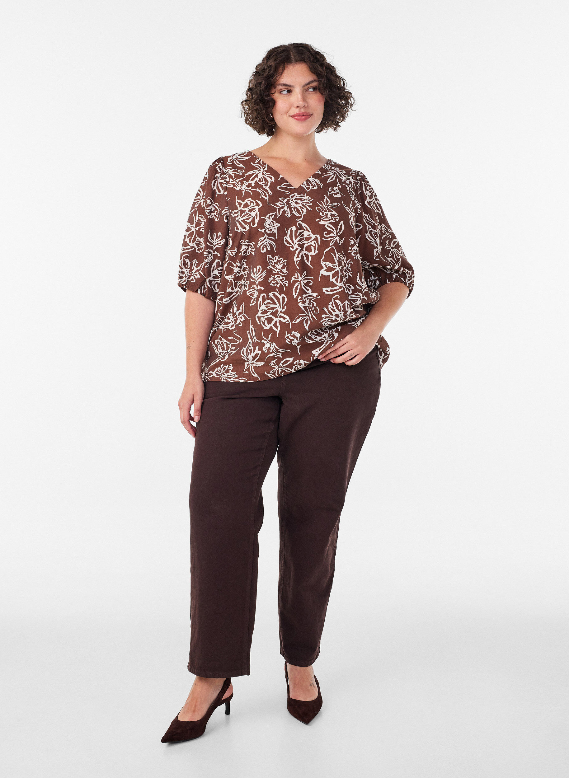 ZizziViscose blouse met V-hals, Bruin, Model image number 1