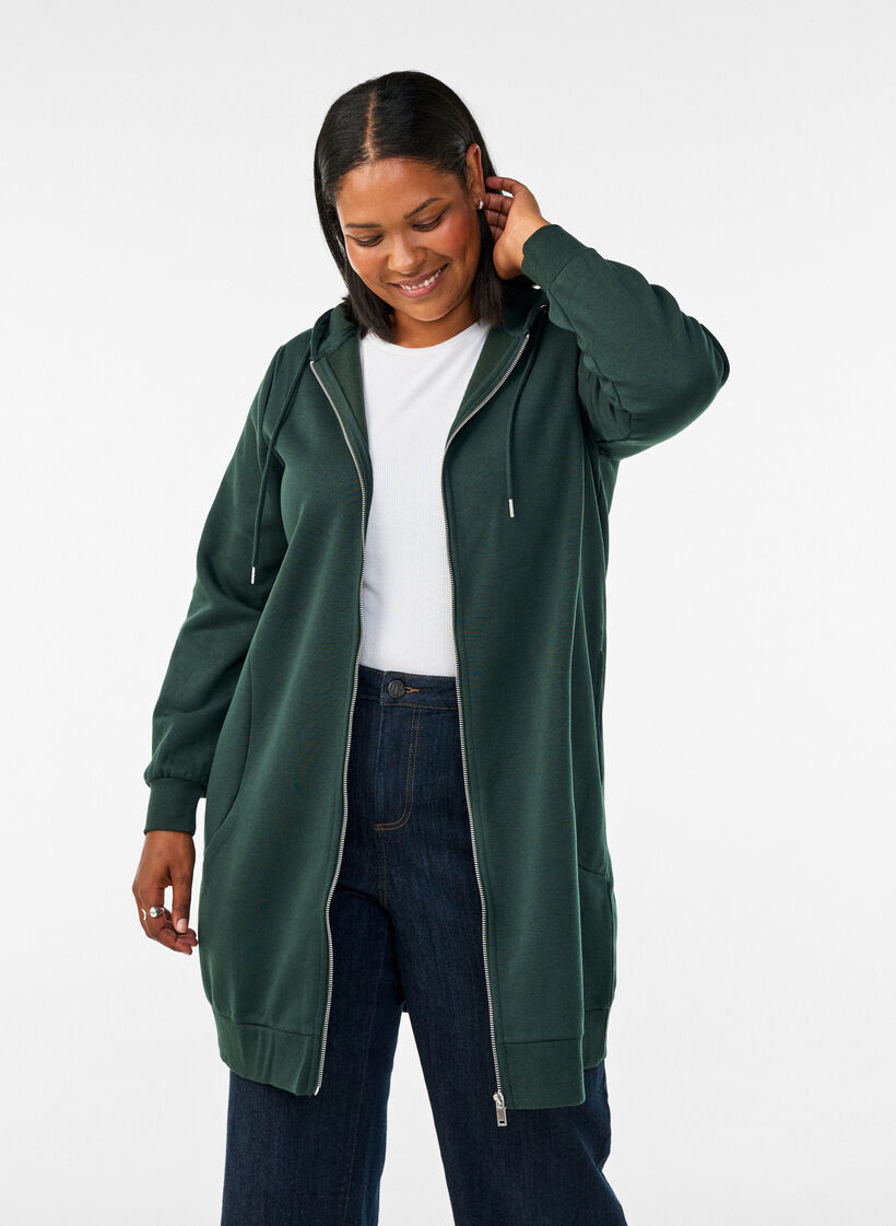 Lange hoodie met ritssluiting en zakken, Groen, Model image number 0