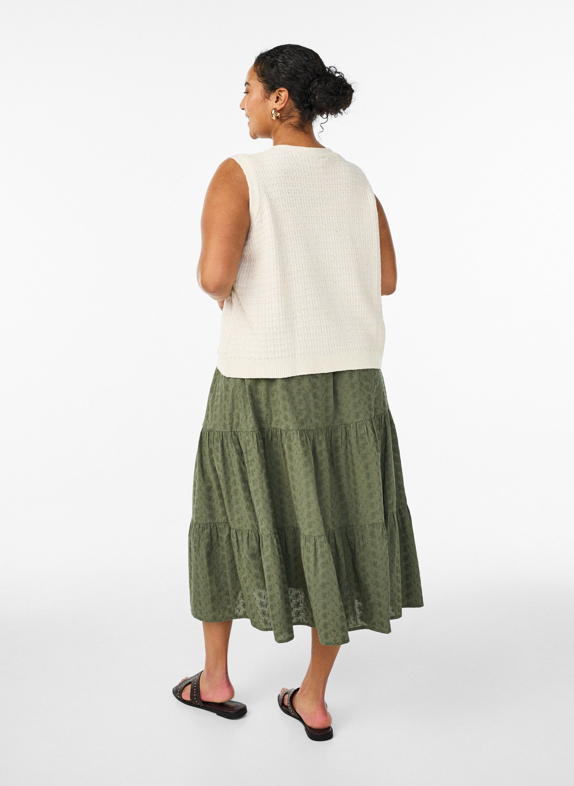 ZizziEnkellange katoenen rok met gesmokte taille, Groen, Model image number 1