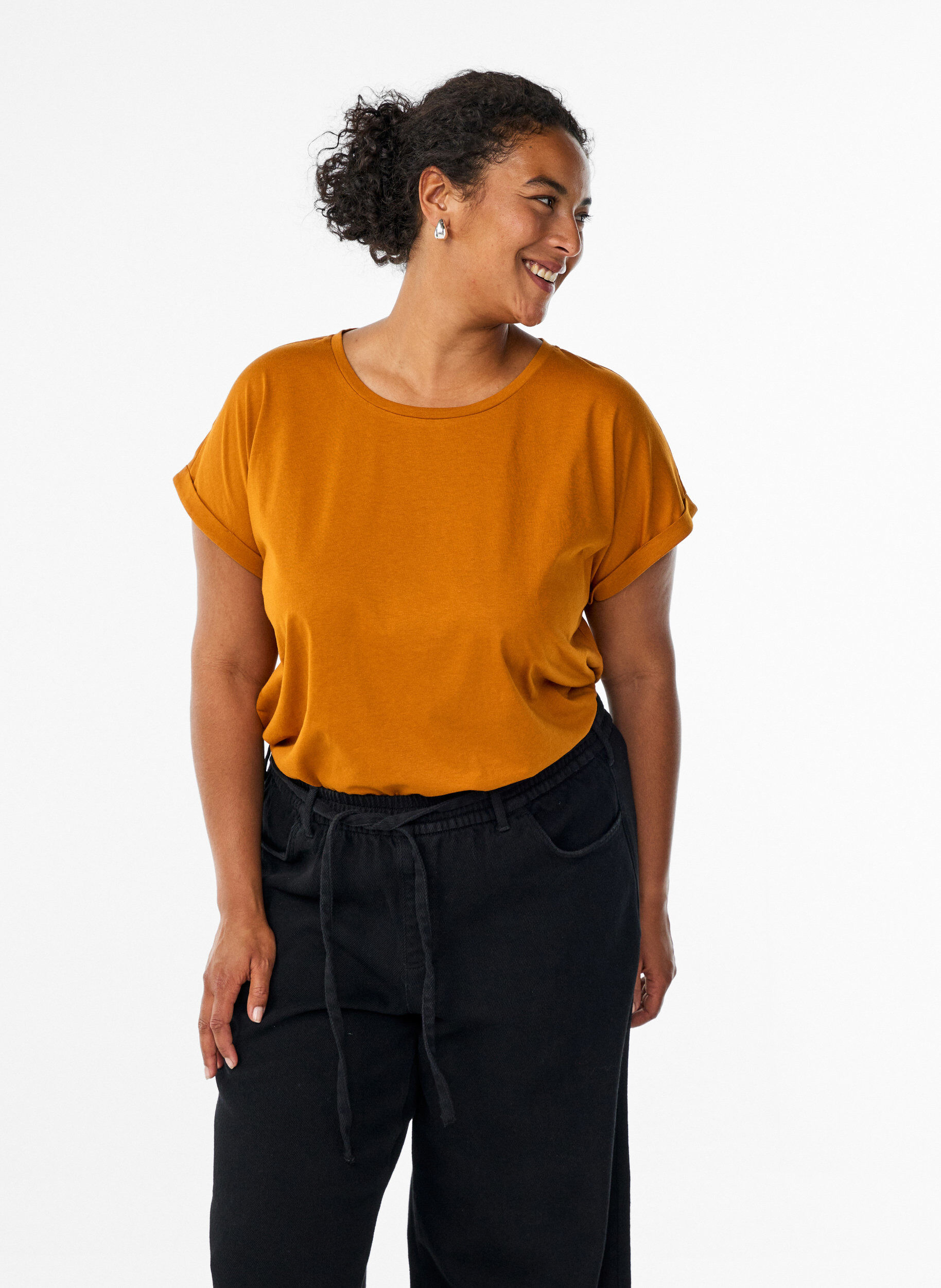 T-shirt met korte mouwen van katoenmix, Oranje, Model