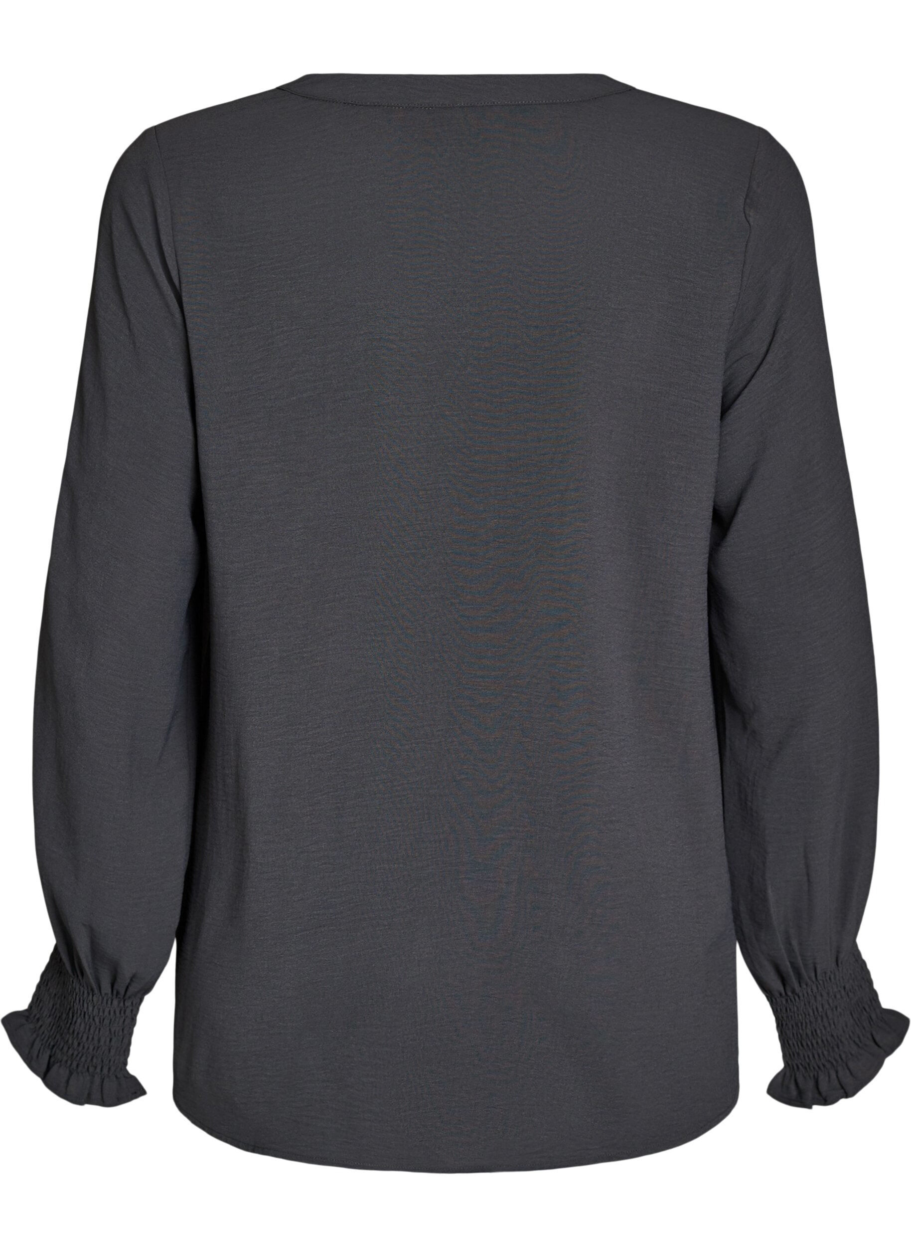 ZizziBlouse met smockmanchetten en V-hals, Grijs, Packshot image number 1