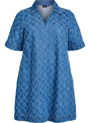 ZizziKorte denimjurk met textuurpatroon, Blue Denim ZigZag, Packshot image number 0