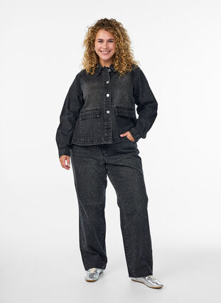 ZizziDenimjas met rhinestones en grote zakken aan de voorkant, Grey Denim, Model image number 2