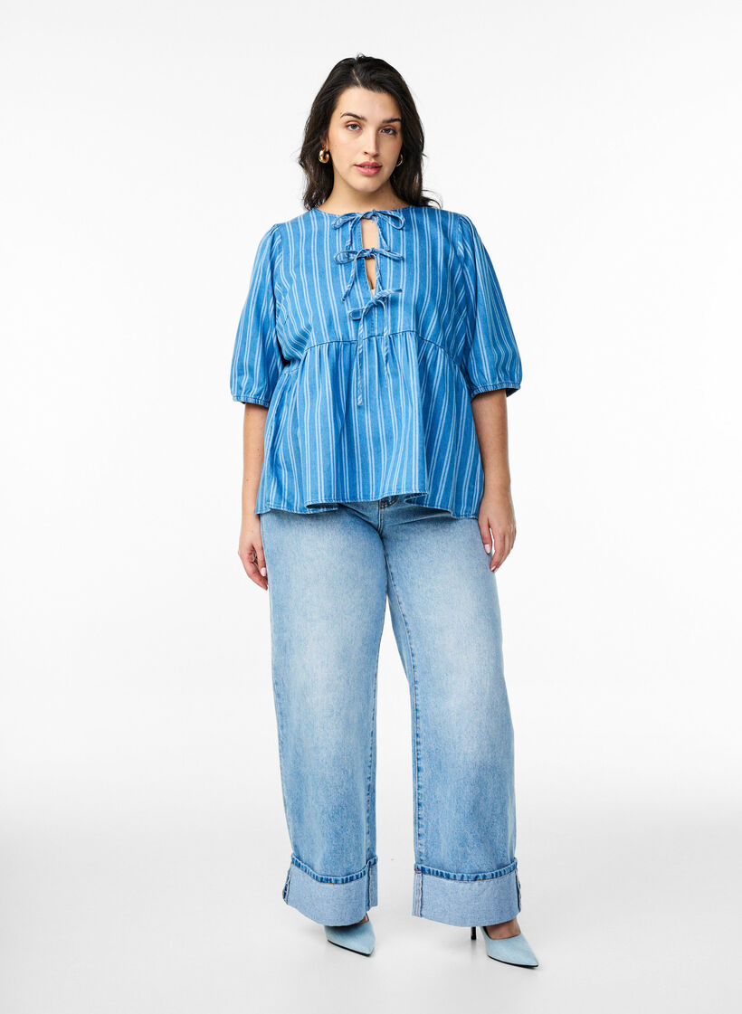 Denim blouse met korte mouwen en streeppatroon, Blue Denim Stripe, Model