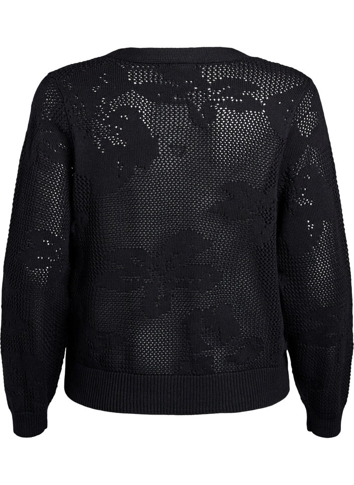 Gebreide cardigan met opengewerkt patroon en strikkoordjes, Black, Packshot image number 1