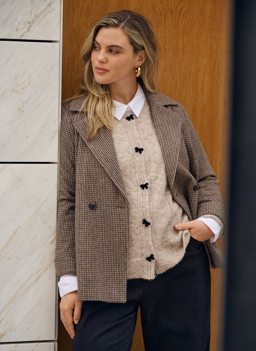 Cardigan met strikknopen en opengewerkt patroon, Beige, Image image number 0