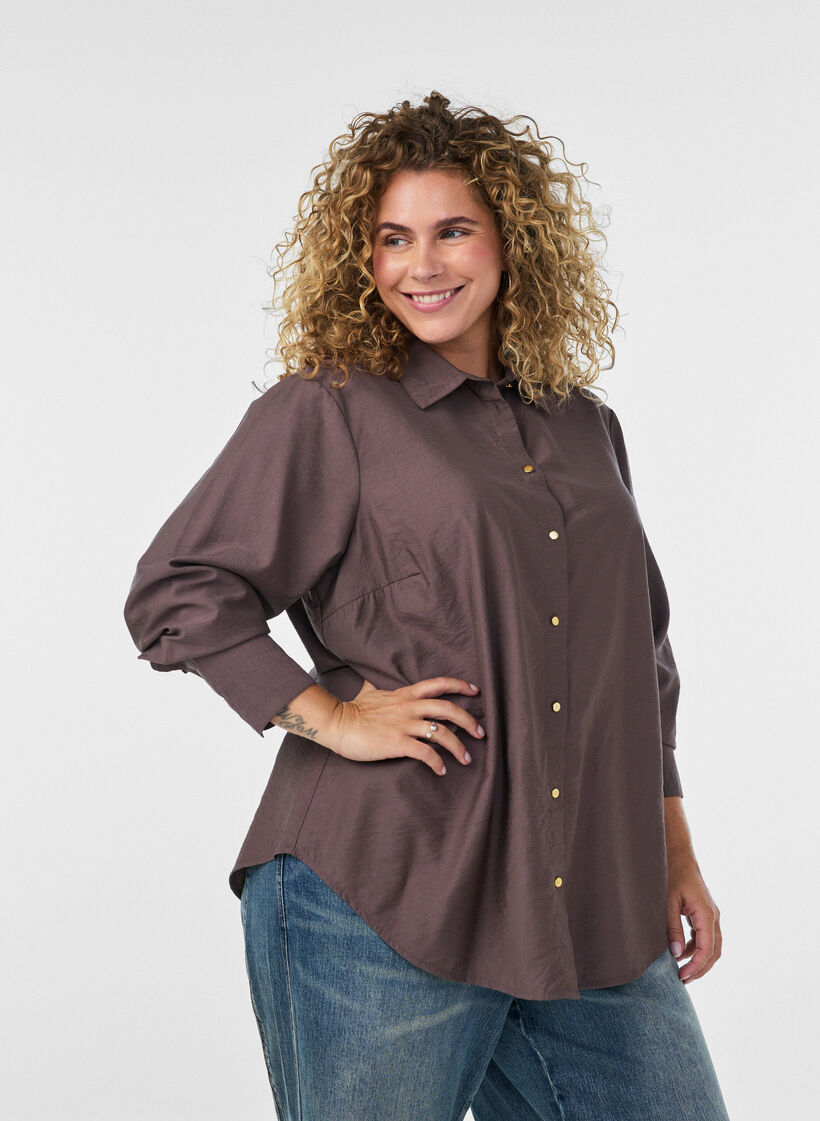 Viscose shirt met gouden knopen, Bruin, Model image number 0