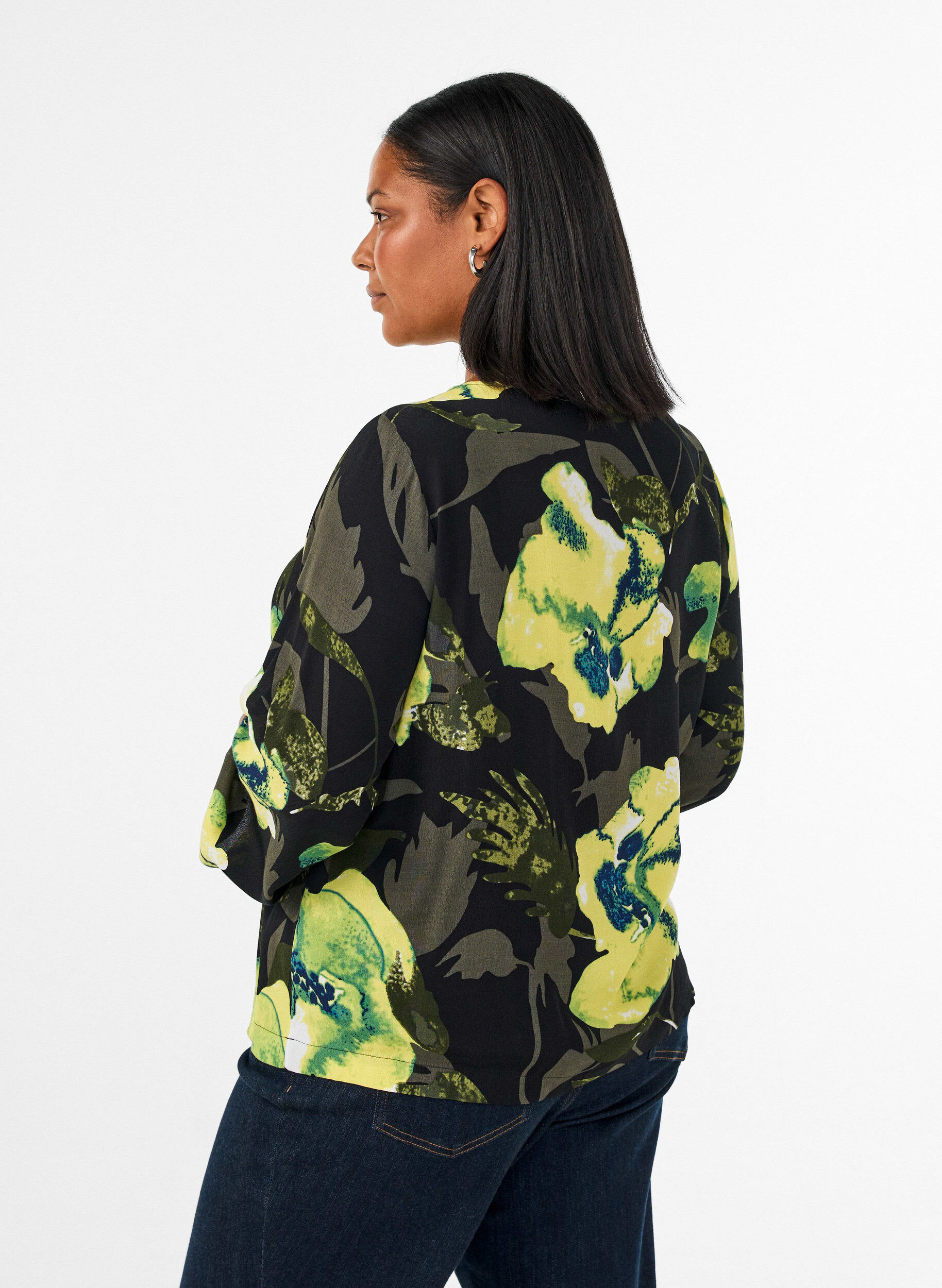 ZizziBlouse met bloemenprint, boothals en wijde mouwen, Zwart, Model image number 2