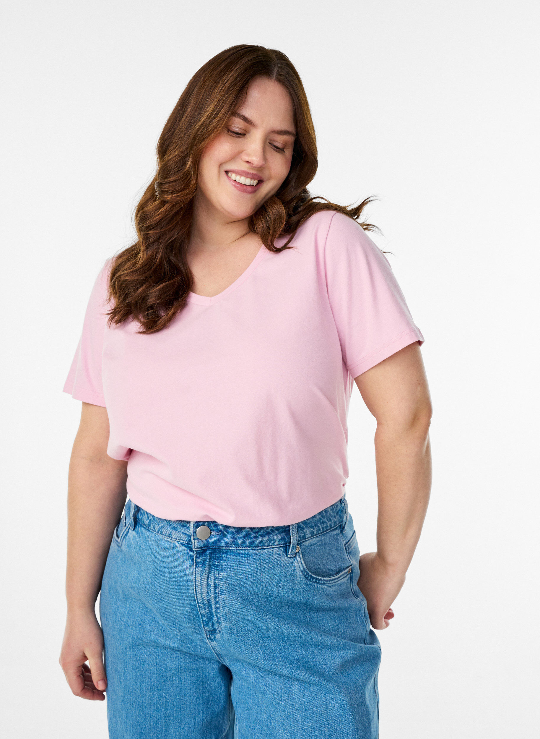 Effen basic katoenen T-shirt, Roze, Model