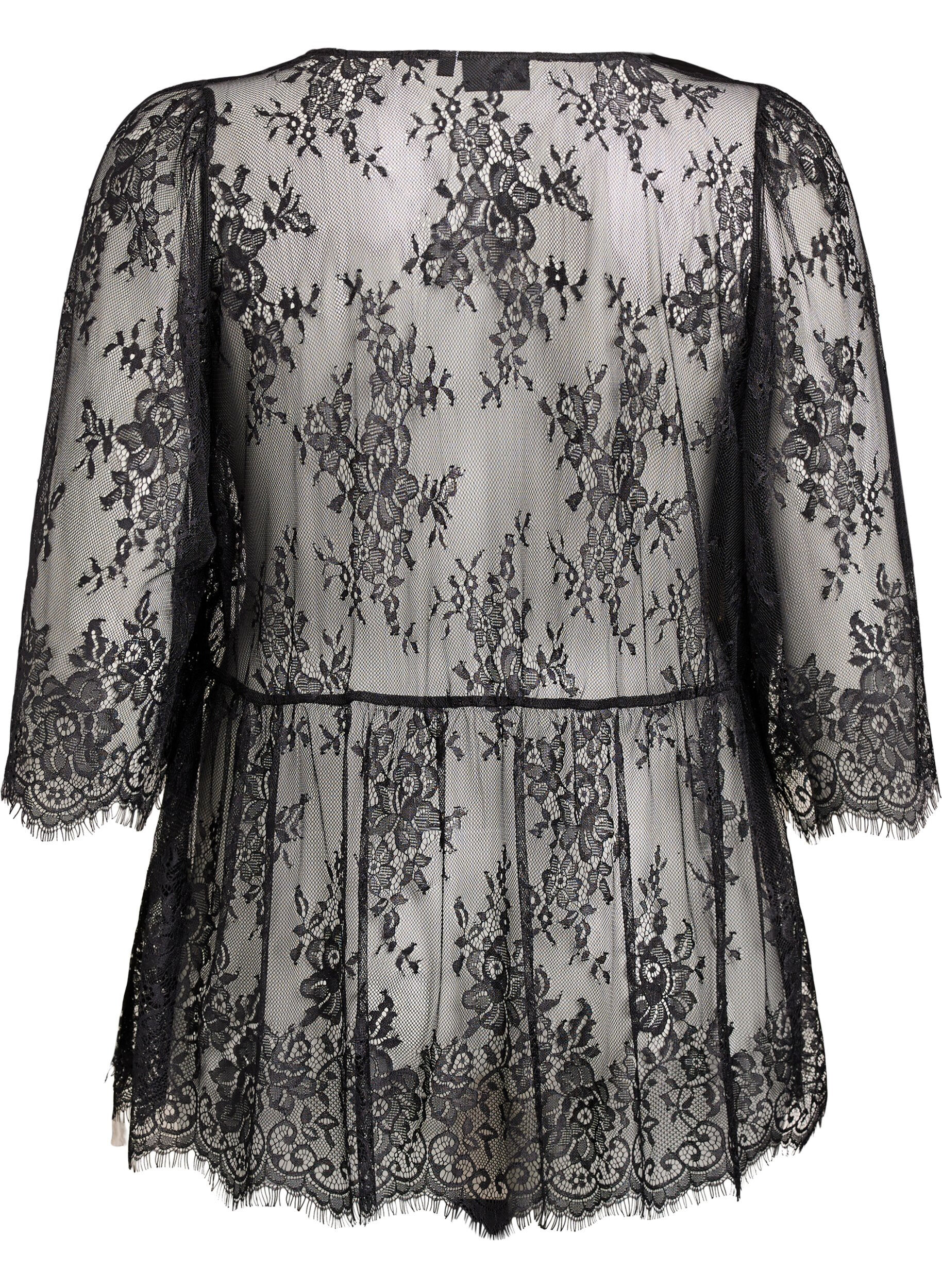 ZizziKanten top met strikdetail en 3/4-mouwen, Zwart, Packshot image number 1