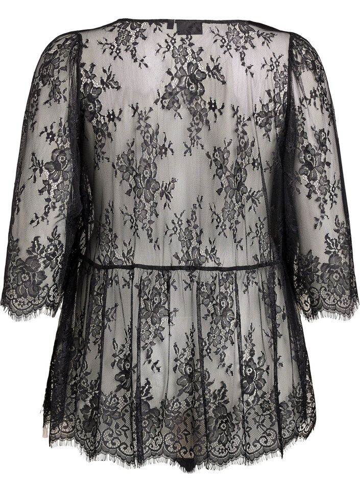 Kanten top met strikdetail en 3/4-mouwen, Zwart, Packshot image number 1