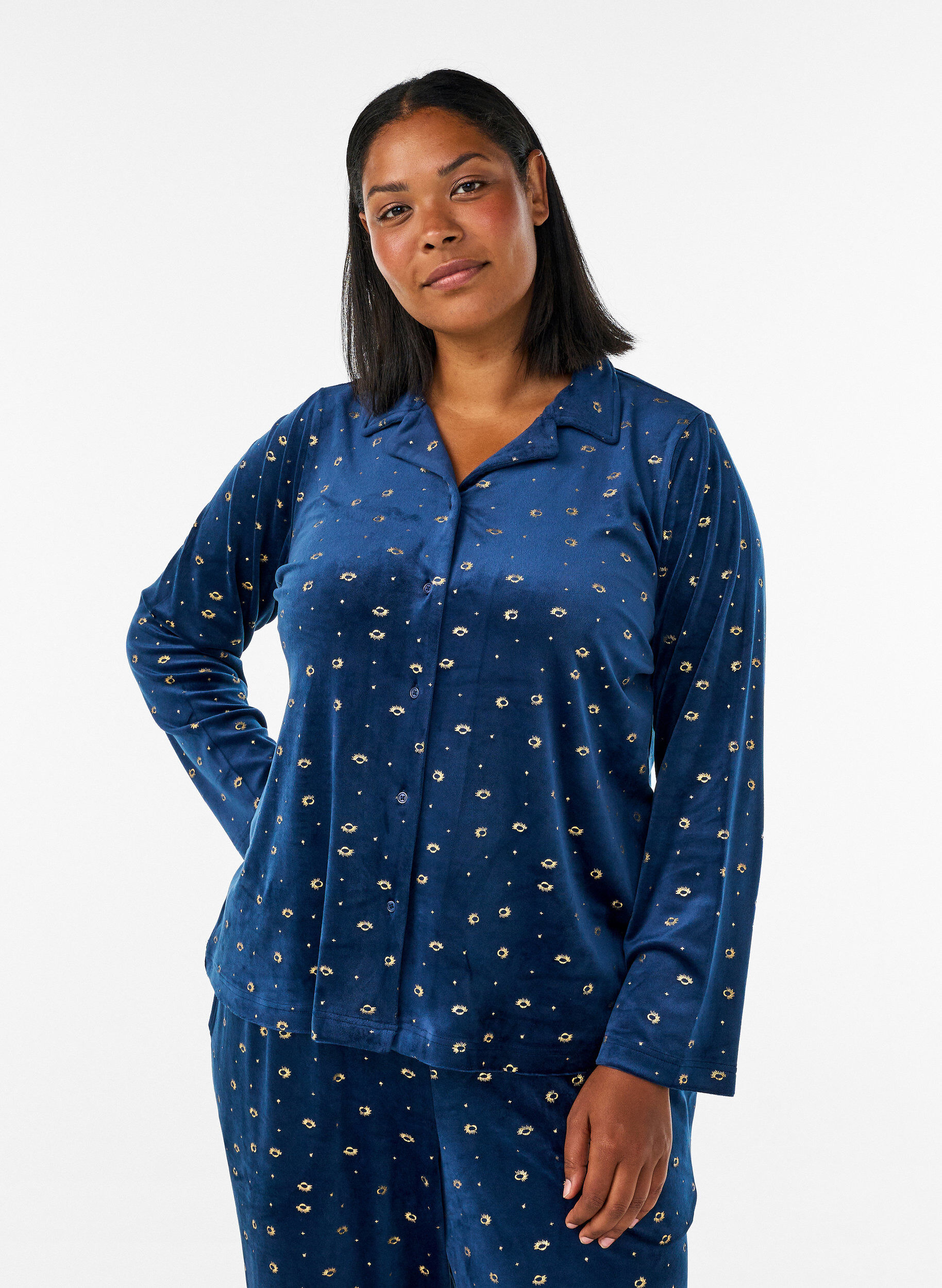 Velour pyjamashirt met een all-over print, Blauw, Model