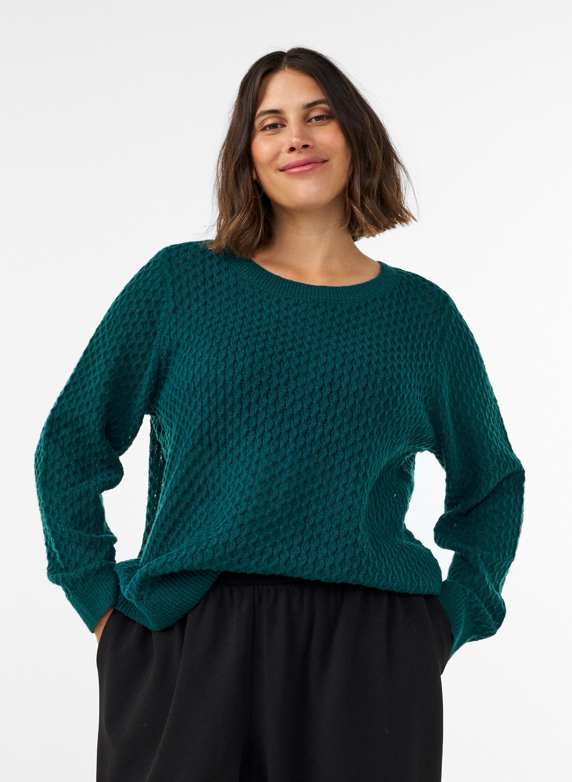 Gebreide blouse met een opengewerkt structuurpatroon, Groen, Model