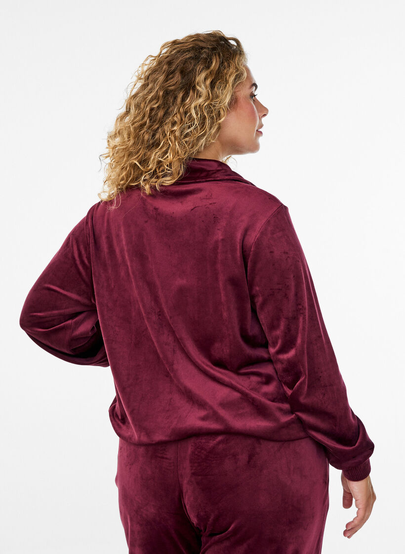 Velour cardigan met ritssluiting en hoge kraag, Donker Bordeaux, Model image number 2