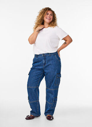 ZizziHigh waist cargo jeans, Blue Denim, Model image number 0
