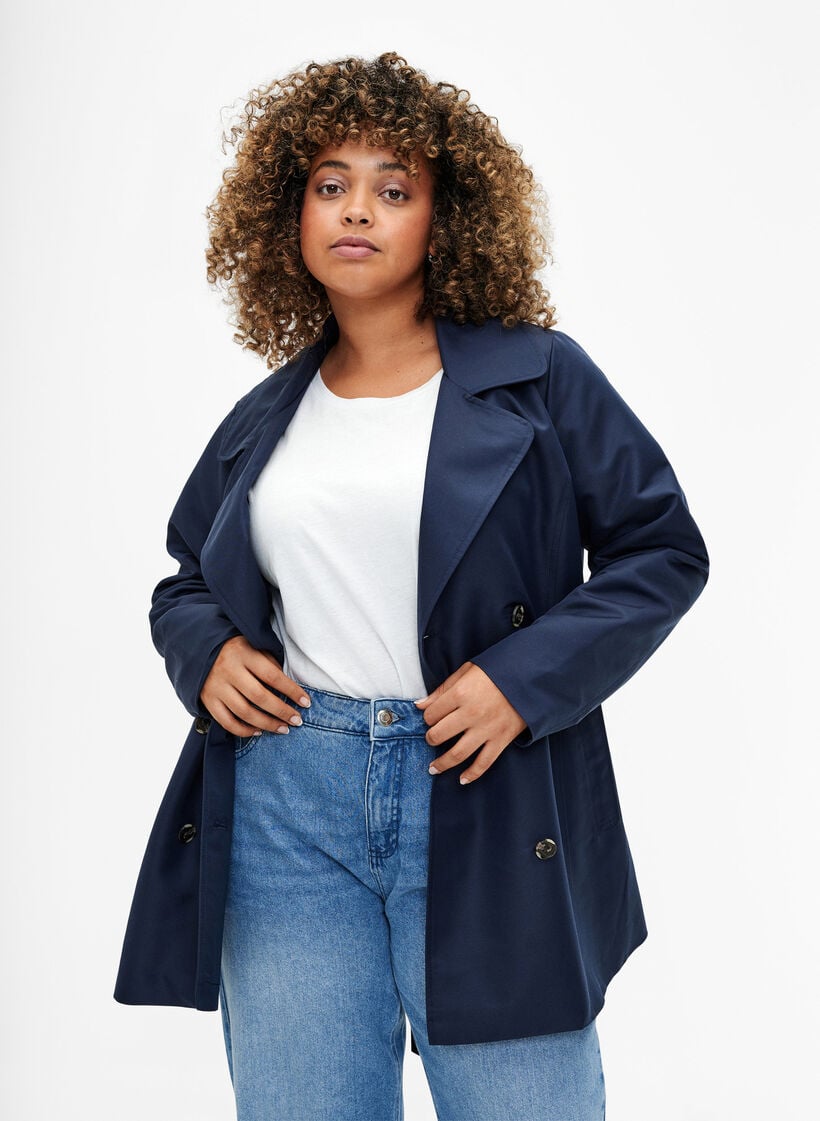 Korte trenchcoat met riem, Blauw, Model image number 0