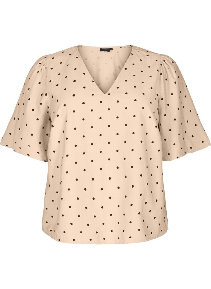 Blouse met losse mouwen en een V-hals, Doeskin w. dot AOP, Packshot