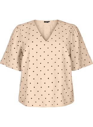 ZizziBlouse met losse mouwen en een V-hals, Doeskin w. dot AOP, Packshot image number 0