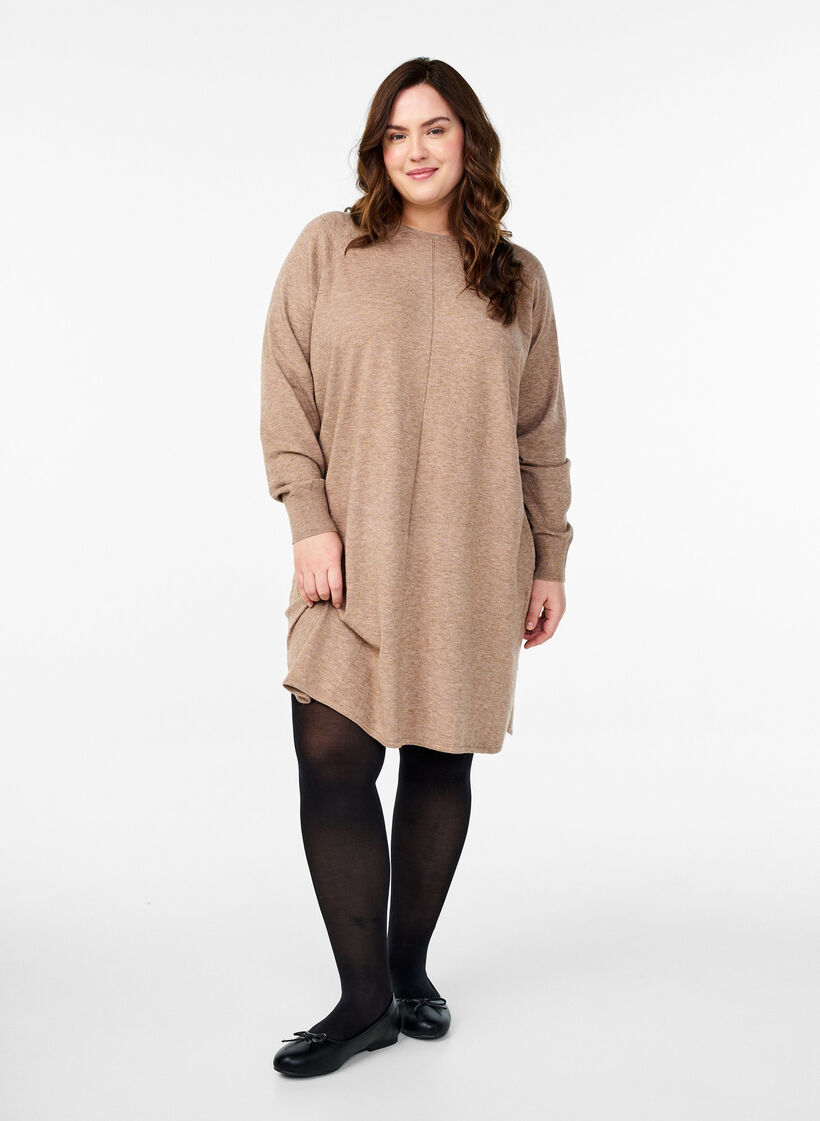 Gebreide jurk met een ronde hals en gebreid patroon, Fossil Mel., Model
