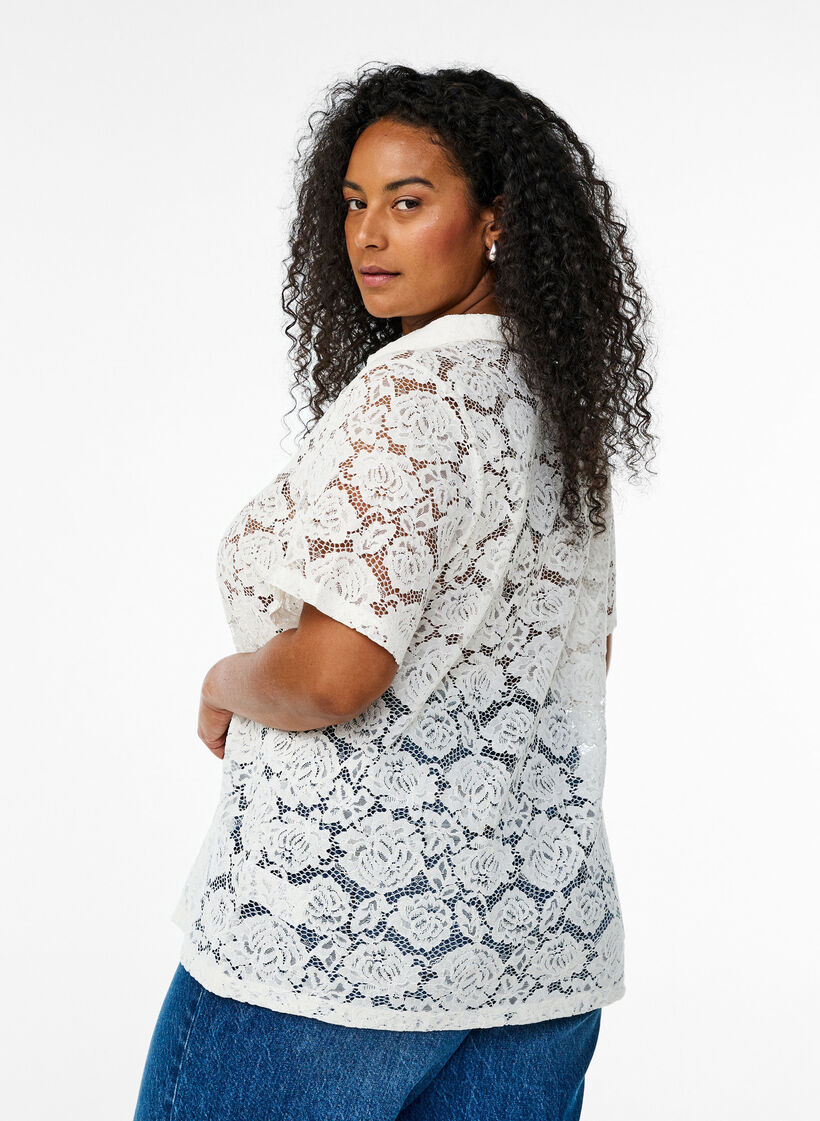 Kanten blouse met een kraag en V-hals, Cloud Dancer, Model