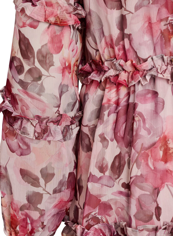 Robe midi &agrave; fleurs avec volants et manches transparentes, Rose, Packshot