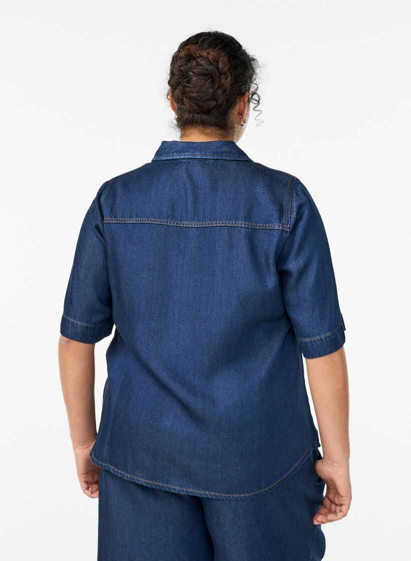 Denimlook lyocell shirt met korte mouwen, Blauw, Model