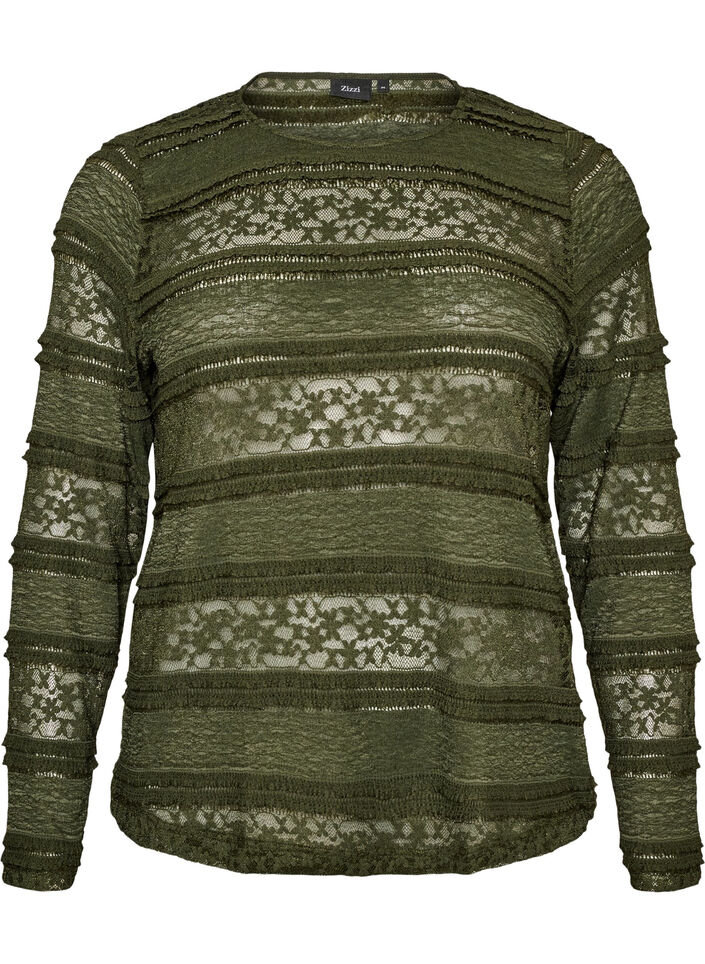 Kanten blouse met lange mouwen, Groen, Packshot image number 0