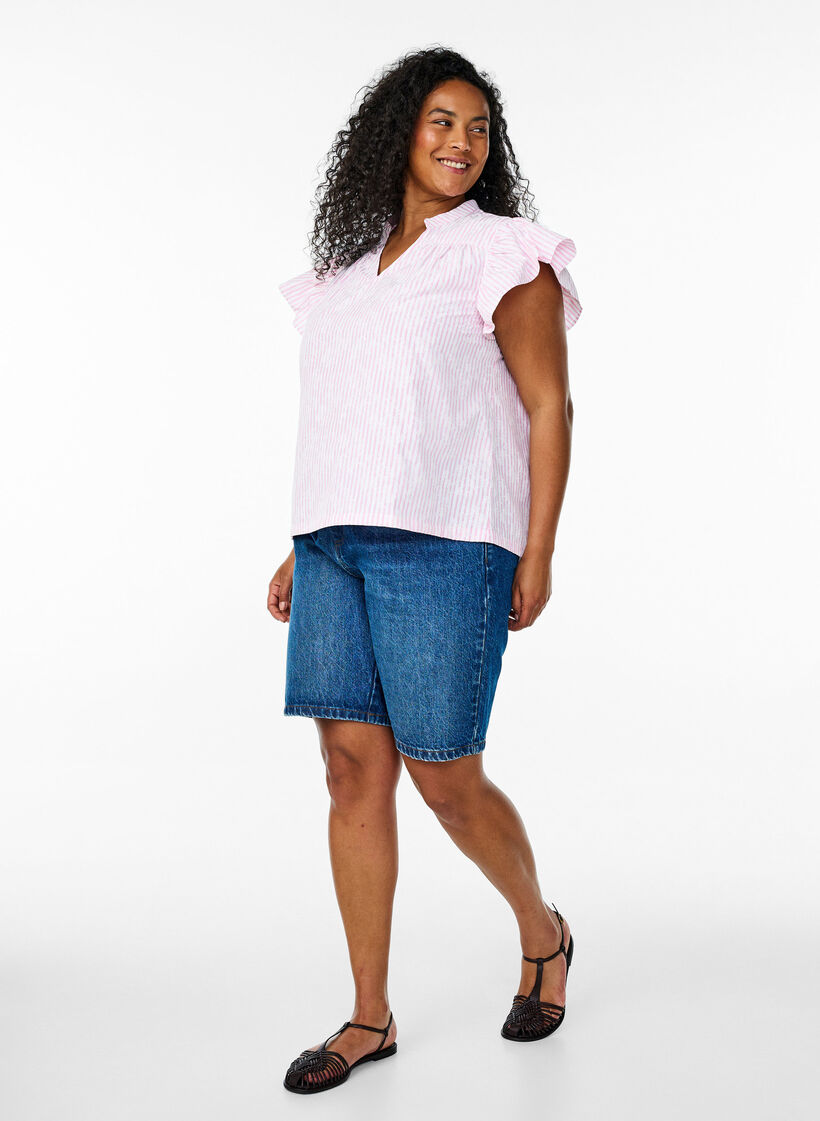 Mouwloze blouse met strepen en bloemenprint, Roze, Model image number 1