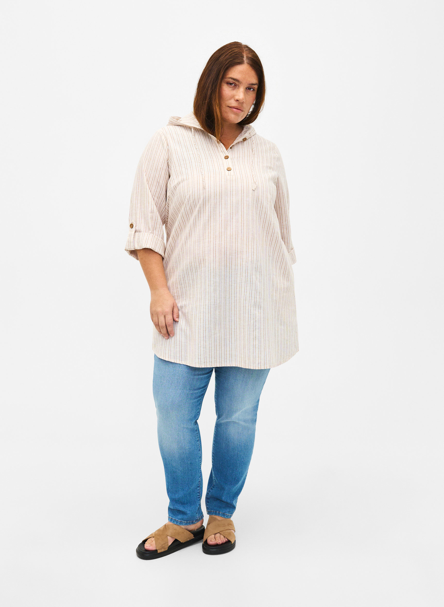 ZizziTuniek met capuchon van katoen en linnen, Wh. Sandshell Stripe, Model image number 3