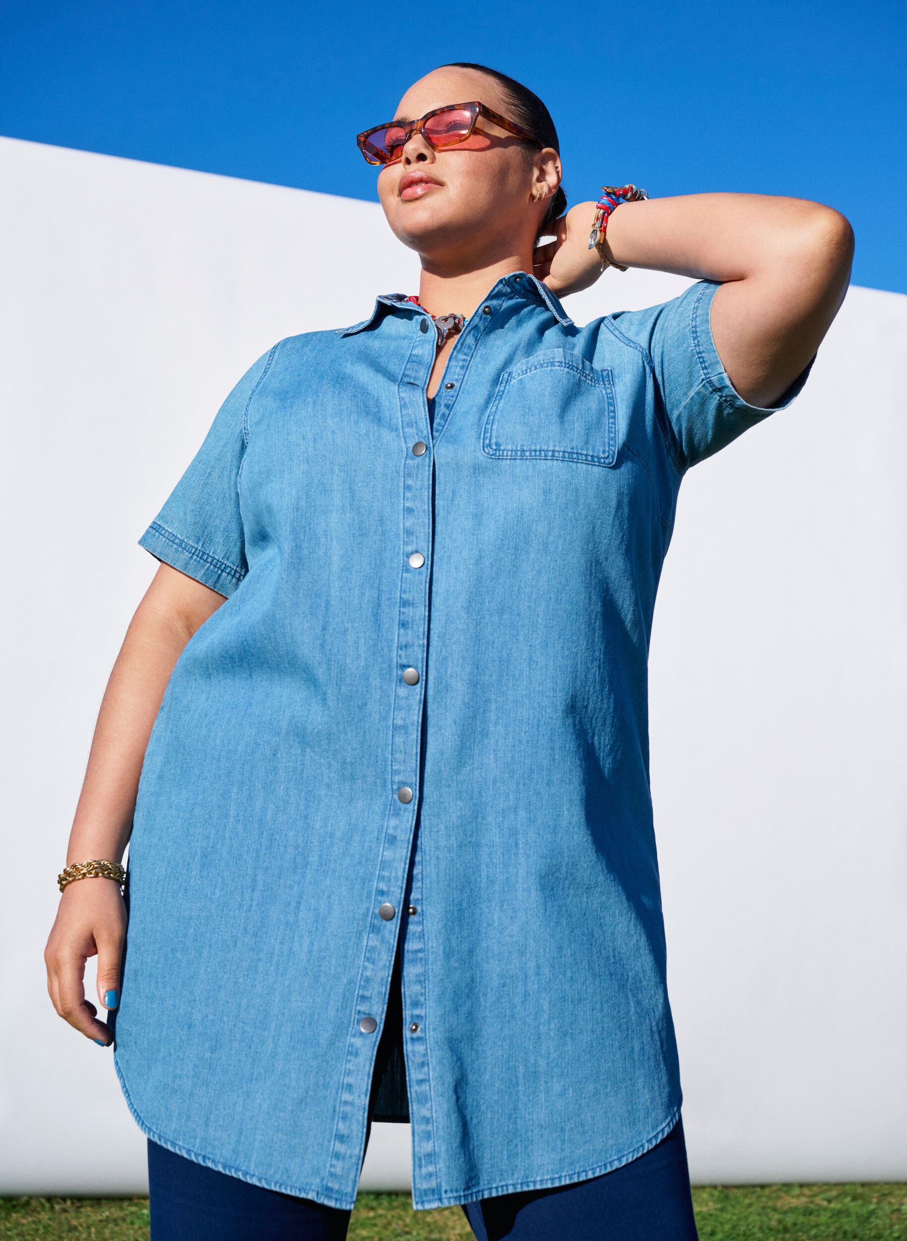 Denim shirtjurk met korte mouwen