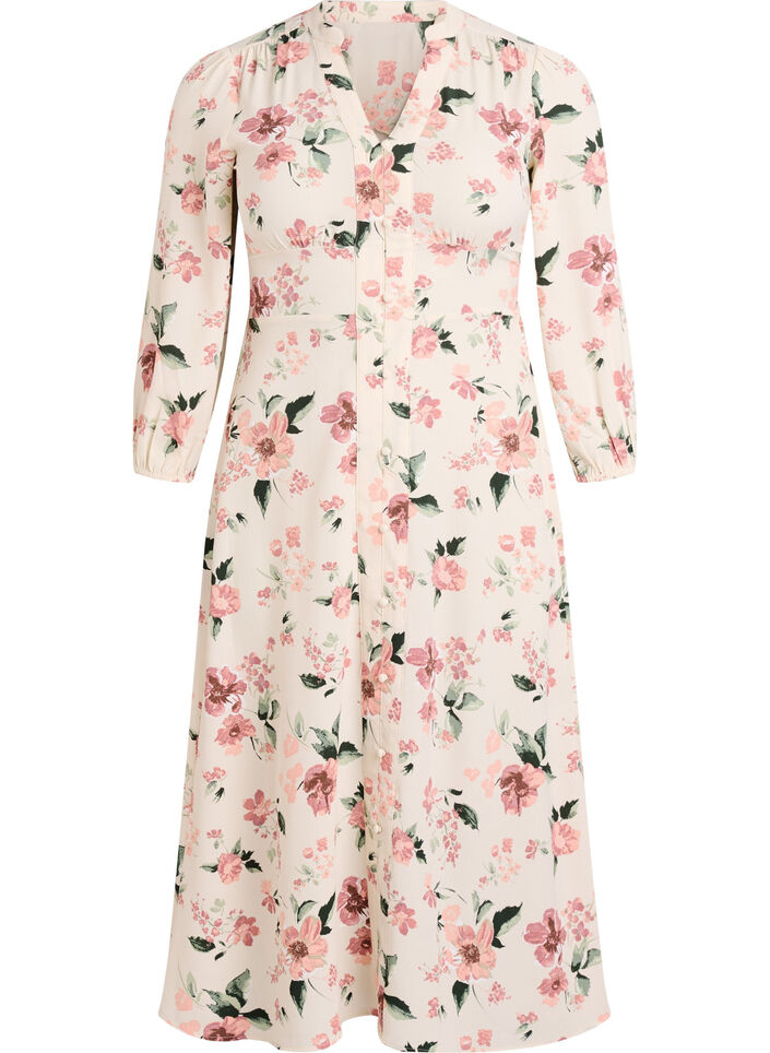Midi-jurk met smock en decoratieve knopen, Beige, Packshot image number 0