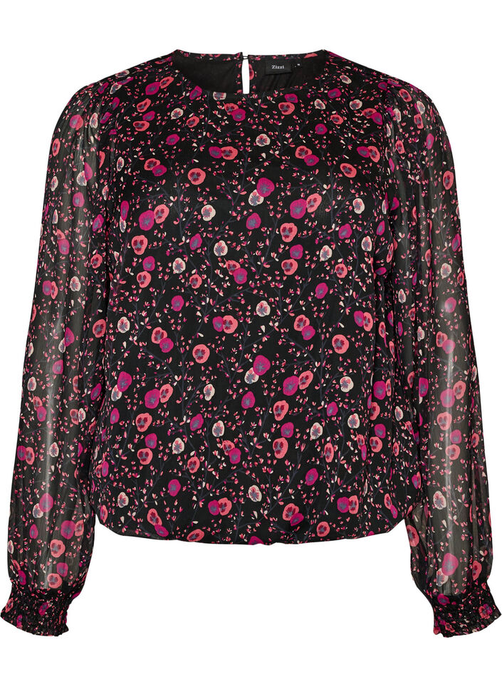 Chiffon blouse met bloemenprint en sheer mouwen, Zwart, Packshot image number 0