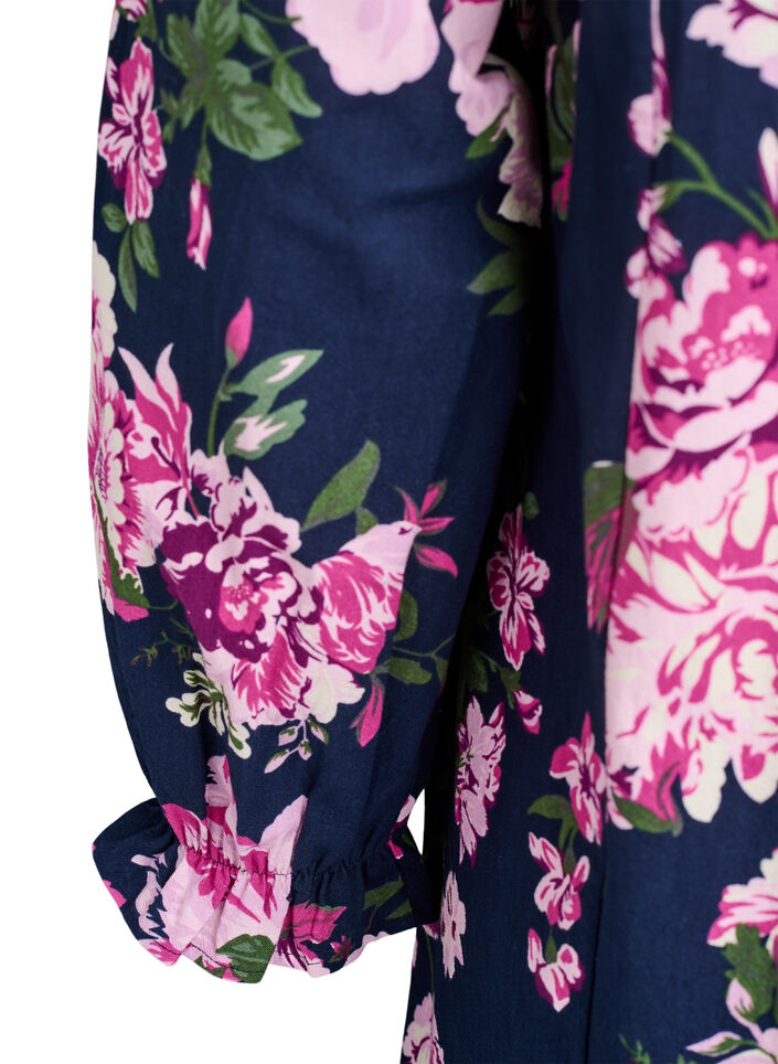 Korte katoenen jurk met V-hals en lange mouwen, Blauw, Packshot image number 3