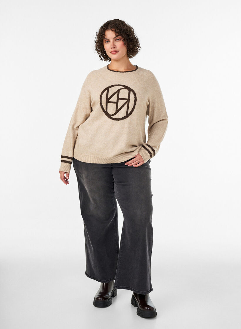 Trui met logo en contrasterende strepen, Beige, Model image number 1