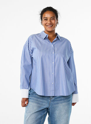 ZizziGestreept shirt met contrasterende manchetten, Blue w. White Stripe, Model image number 0