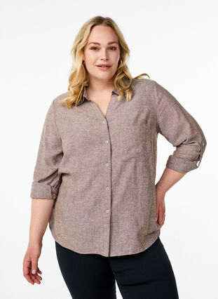 ZizziLinnen en viscose shirt met 3/4 mouwen, Bruin, Model image number 0