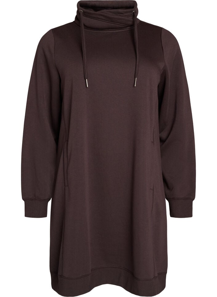 Kort sweatshirt jurk met hoge kraag en zakken, Bruin, Packshot image number 0