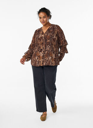 ZizziBlouse met dierenprint en ruches, Brown Snake AOP, Model image number 2
