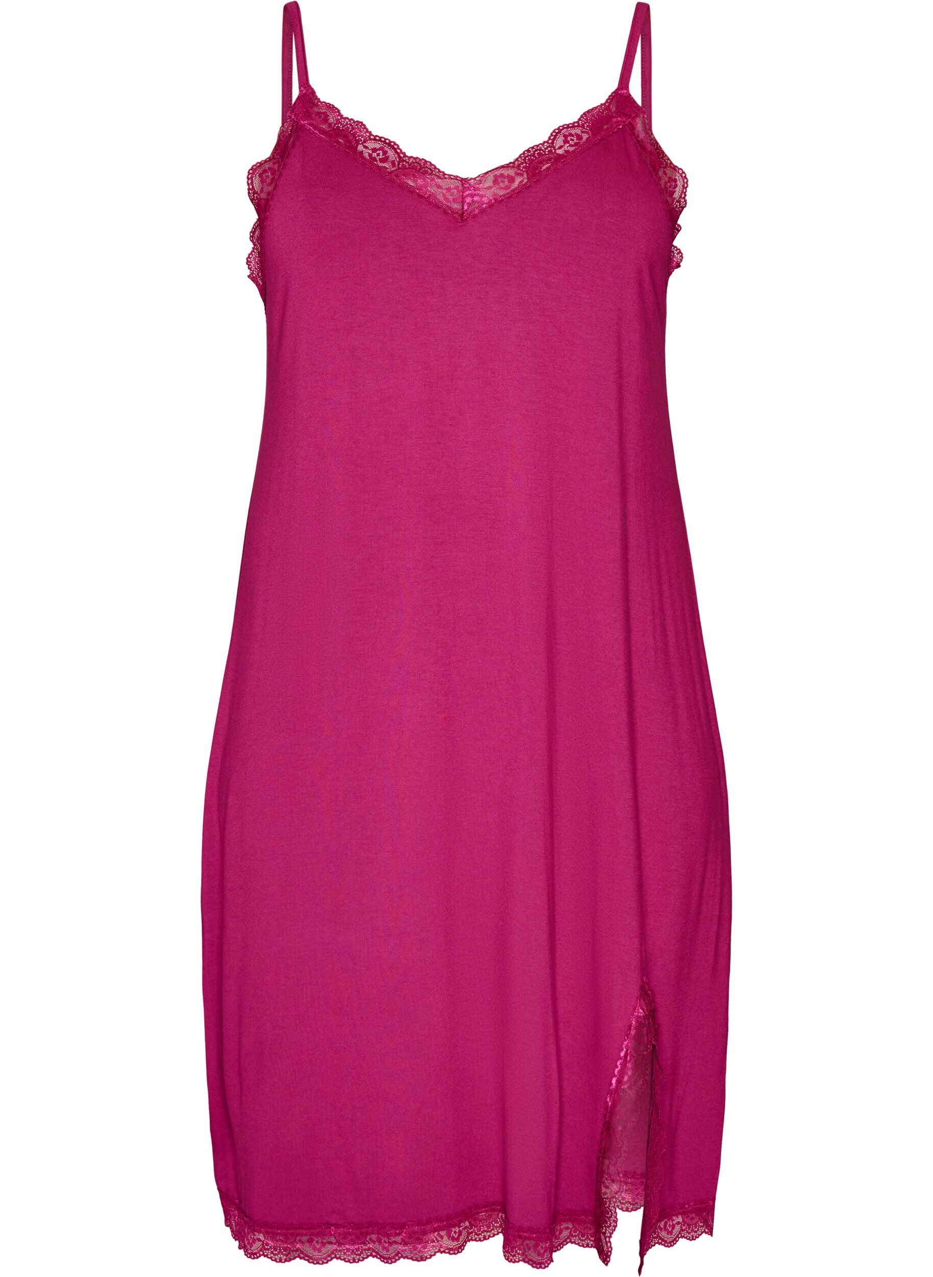 Viscose nachthemd met kant en splitten