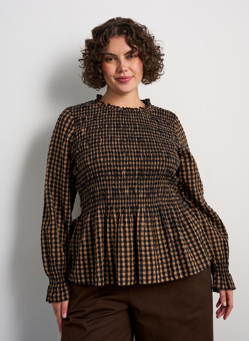 Blouse met ruitpatroon, smockwerk en peplum, Bruin, Model image number 0