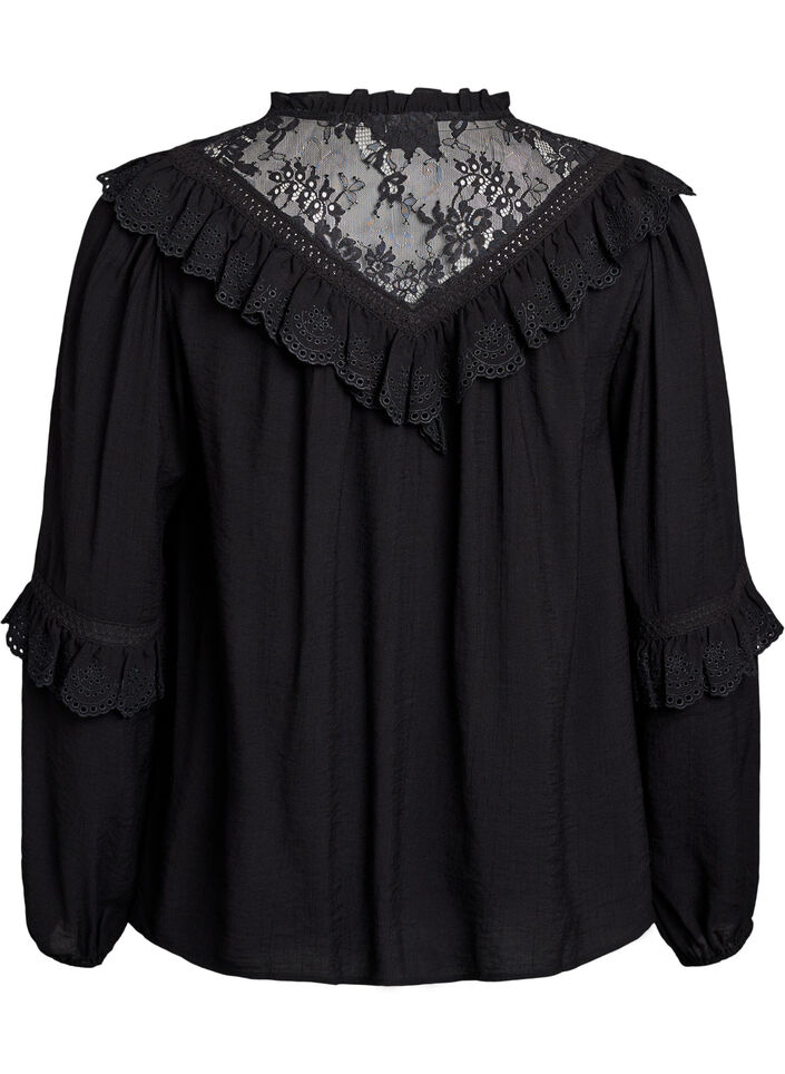 Viscose blouse met kant en ruches, Black, Packshot