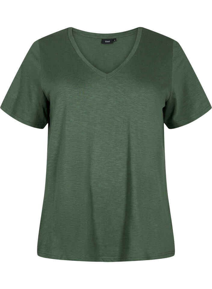Basic t-shirt met korte mouwen en v-hals, Groen, Packshot image number 0