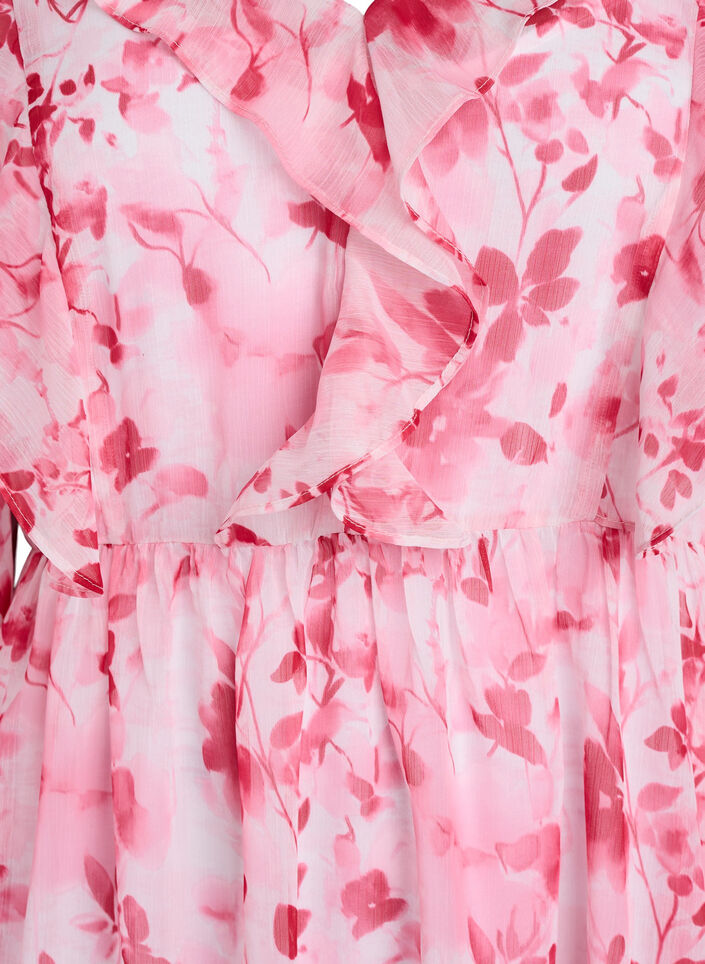 Chiffonjurk met bloemenprint, ruches en lange mouwen, Roze, Packshot image number 2