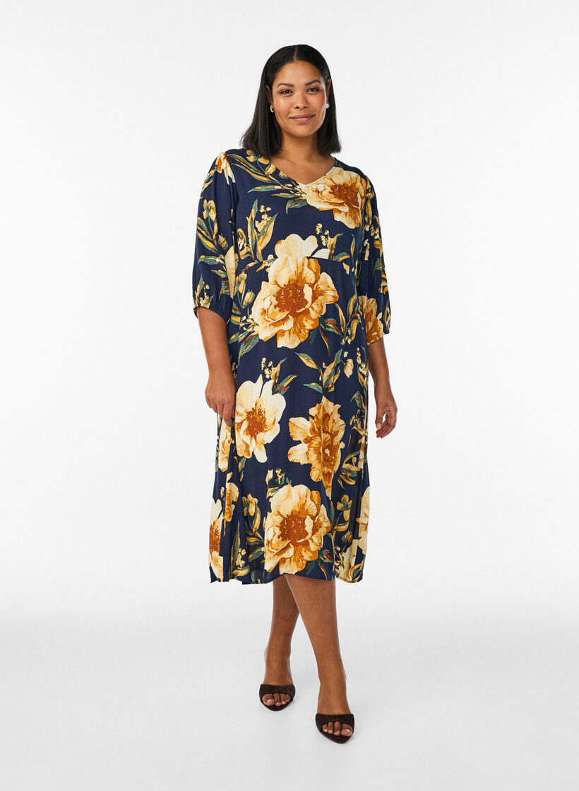 Midi-jurk met bloemenprint en 3/4 mouwen, Blauw, Model image number 1