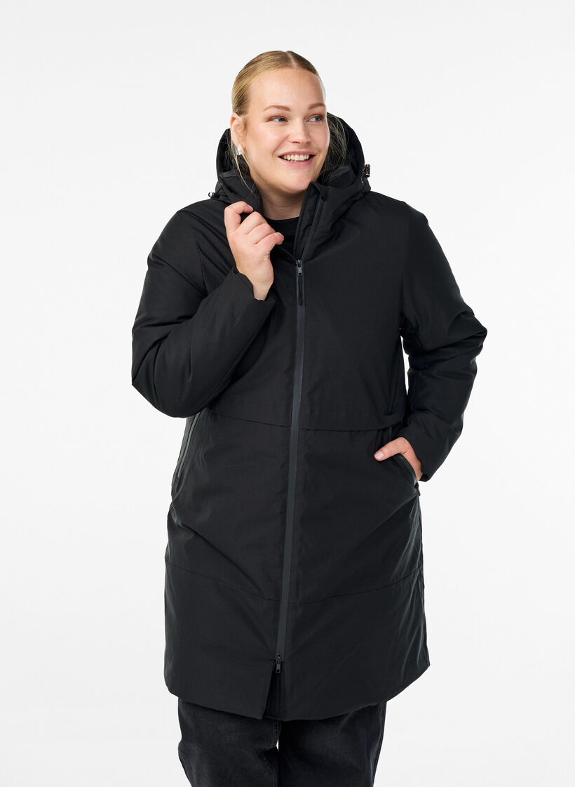 Winterjas met verstelbare taille, Zwart, Model image number 0