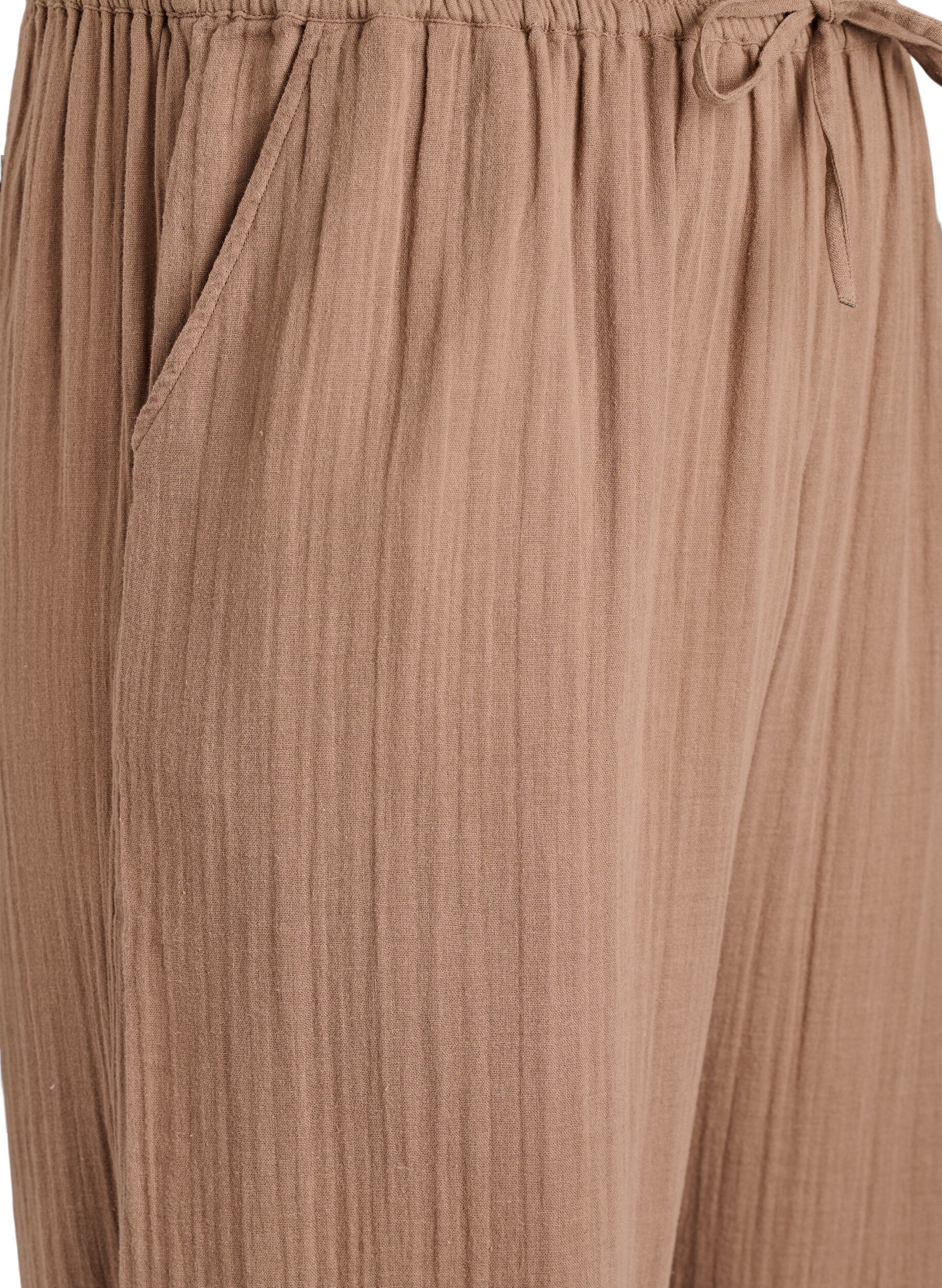 ZizziHigh-waist katoenen mousseline broek met losse pijpen, Bruin, Packshot image number 2