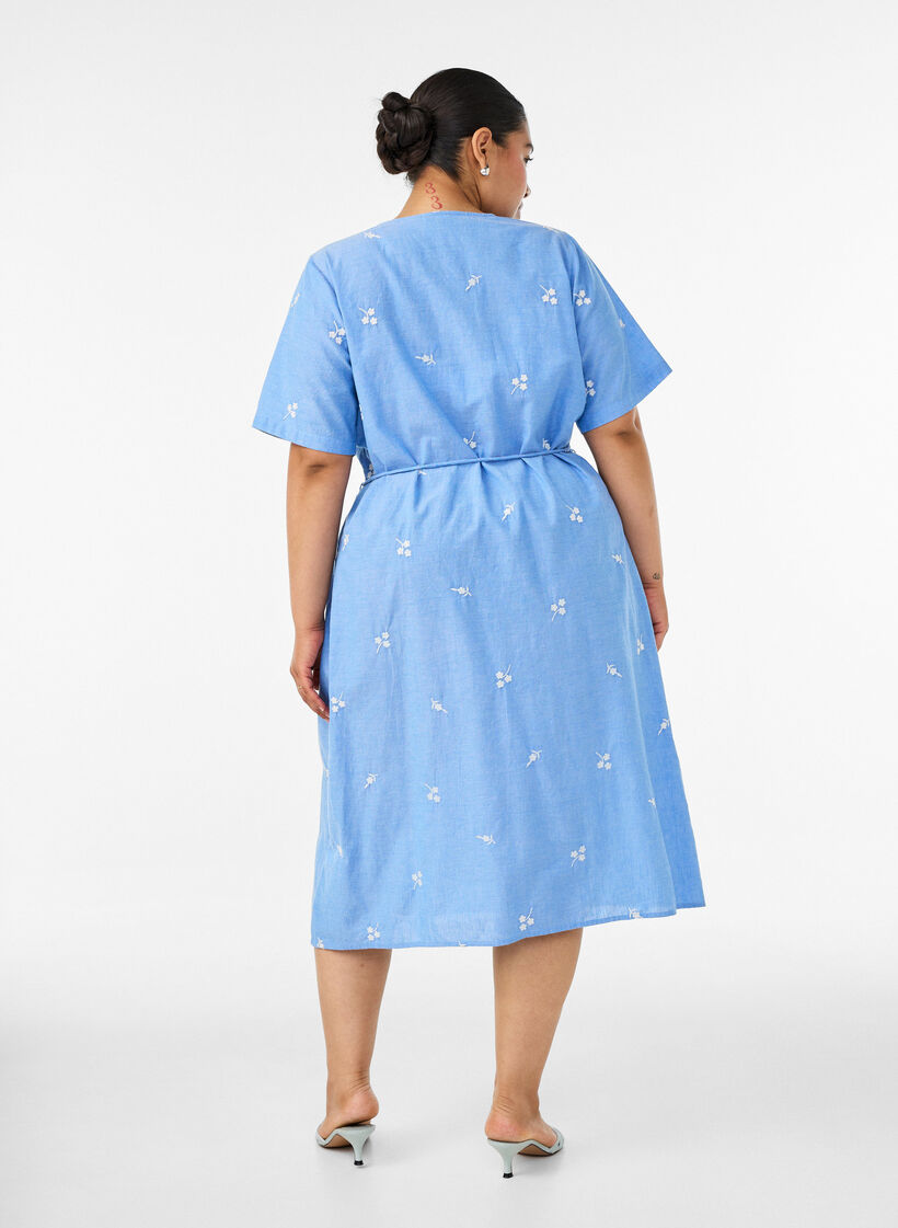 Katoenen overhemdjurk met geborduurde bloemen, Blauw, Model image number 1