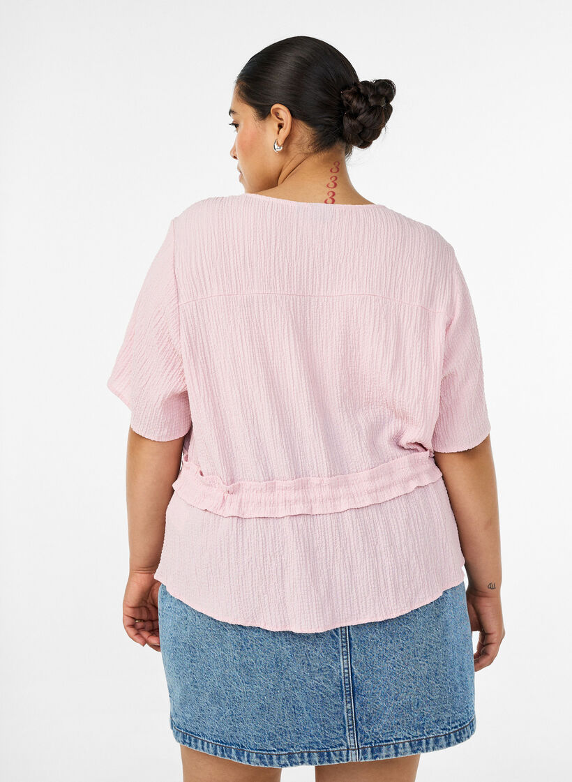 Blouse met textuur en een strik in de taille, Roze, Model image number 2