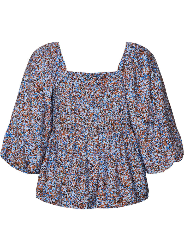 Blouse met smock en vierkante halslijn, Blauw, Packshot image number 1