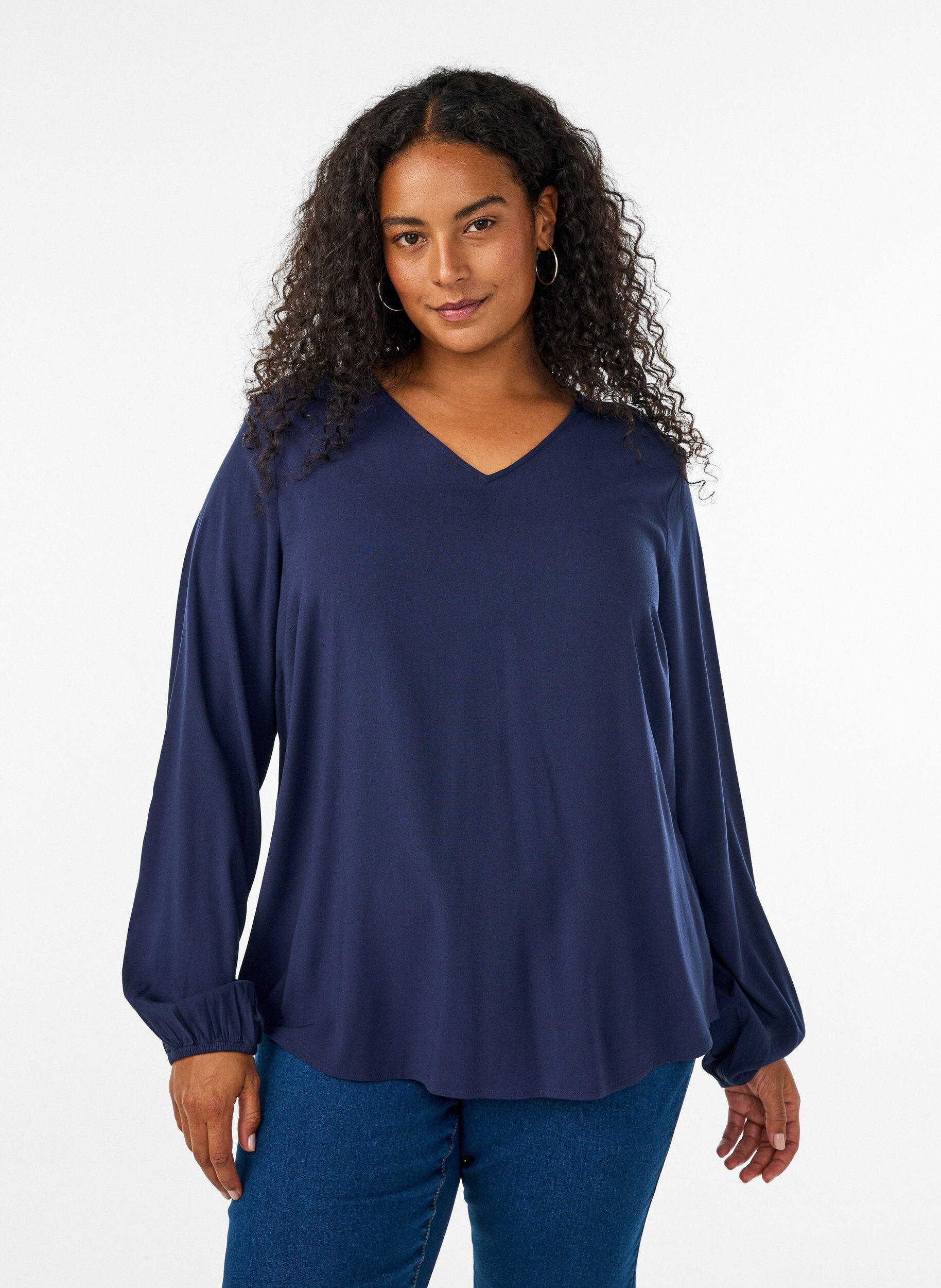 Viscose blouse met V-hals en afgeronde zoom, Blauw, Model